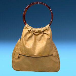 Vintage Ruth Saltz Tortoiseshell Circle Top Handle Waxed Camel Leather Purse